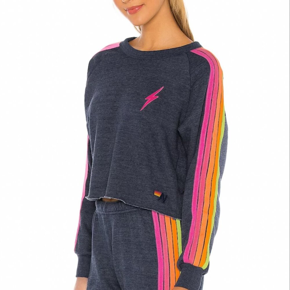 Aviator Nation Bolt Cropped Classic Crewneck in Heather Navy Neon!